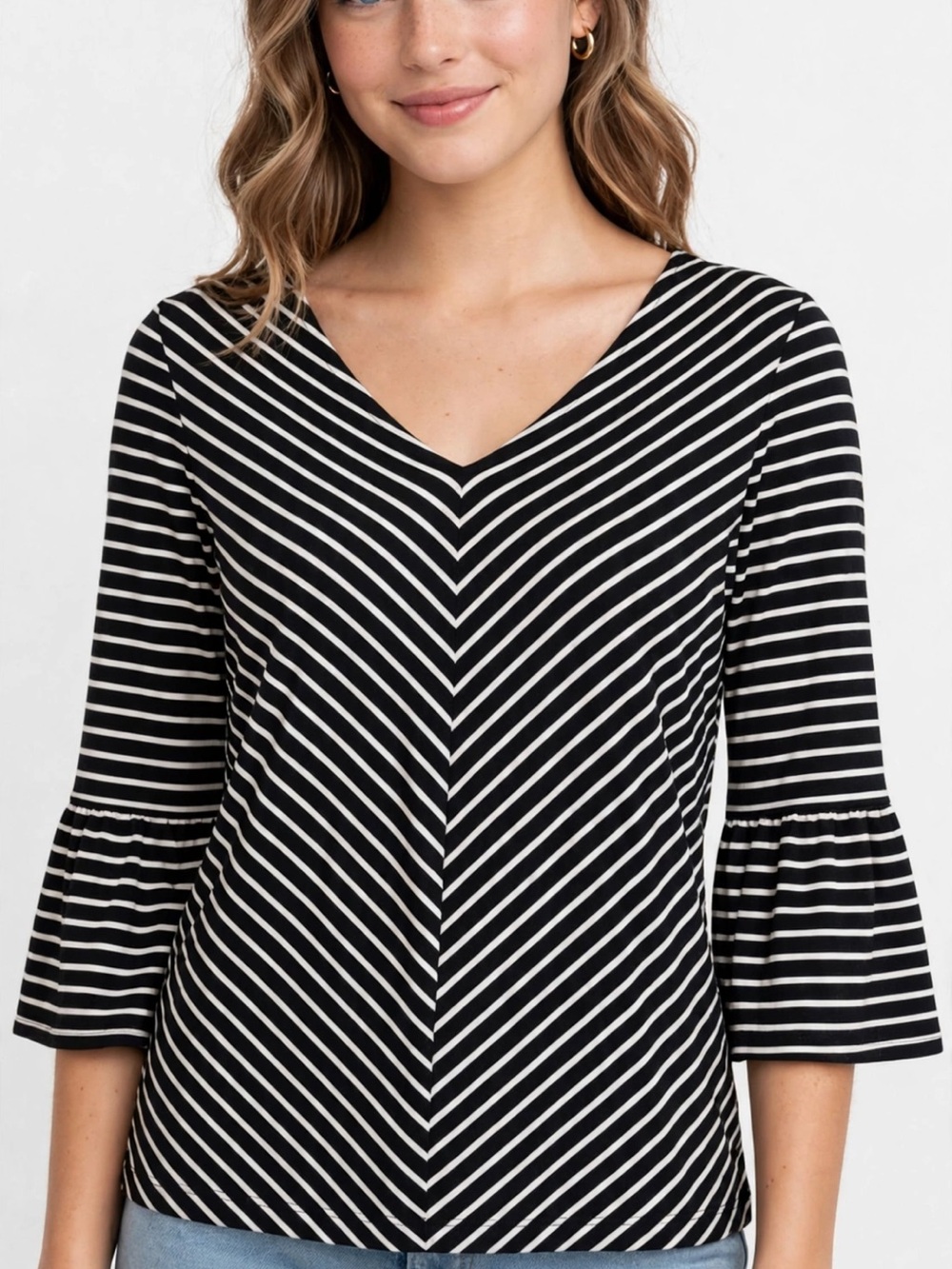 Lucky Brand Black & White Striped V-Neck Bell Sleeve Top